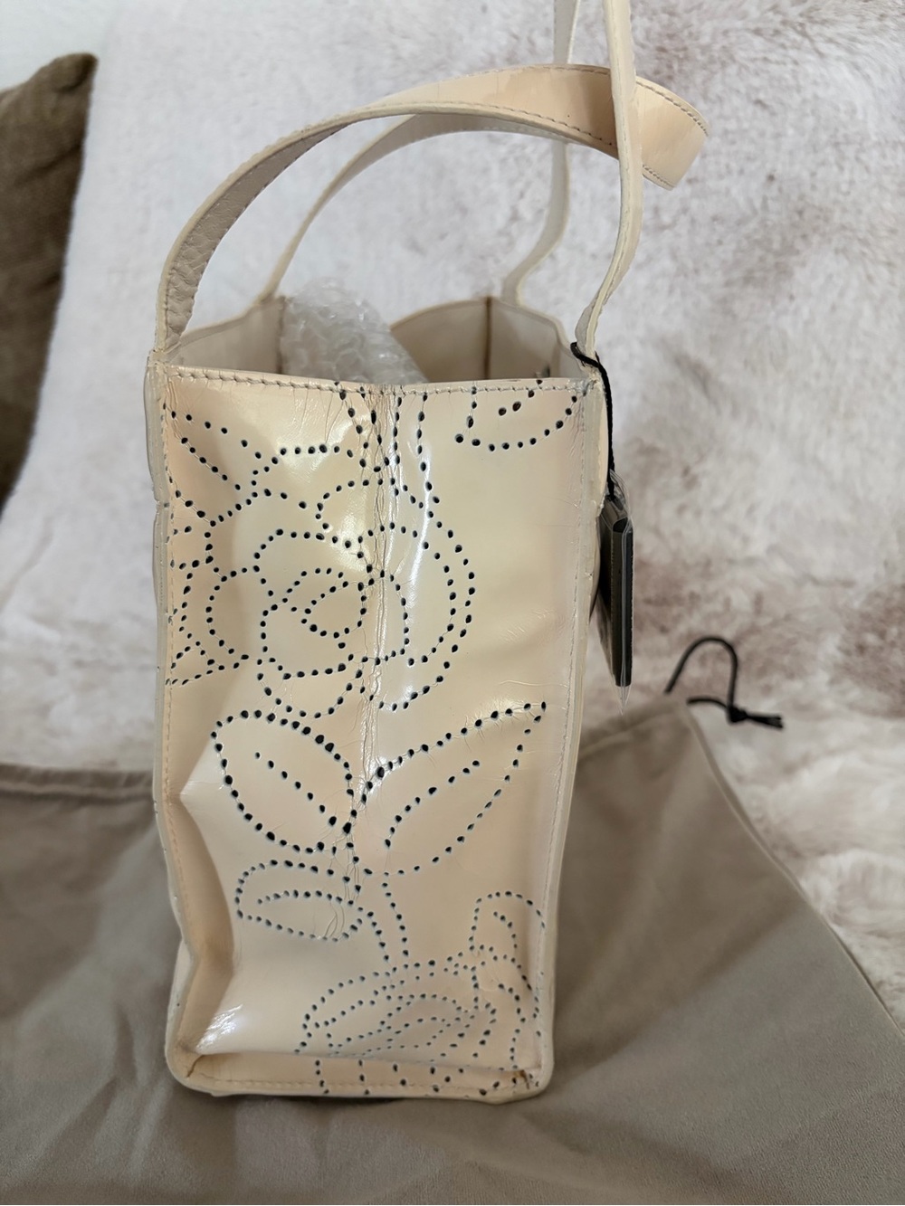 Chanel Small Beige Patent Leather Floral Perforated Tote - Picture 3 of 16